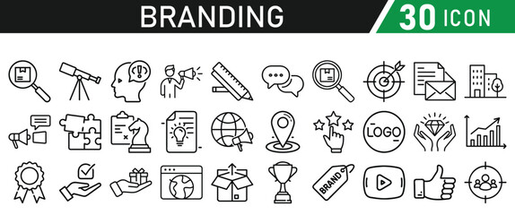Branding icon set liner style. Containing marketing, product, design, brand development, social media, and advertising icons. Solid icons collection.
