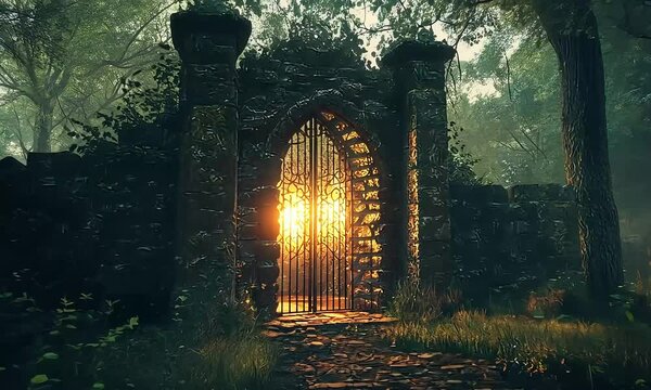 Mysterious glowing gate standing in dark forest illuminated by surreal magical light
