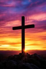 Sunset behind a cross on rocky hill, symbolizing faith and hope, Christian spirituality, Easter celebration, serene landscape, vibrant colors, inspirational scene.