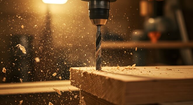 Dynamic Close-Up of a Drill Boring into Wood with Splinters Flying
