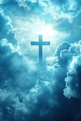 Cross shining through clouds, symbolizing hope and faith, spirituality, religious themes, Easter celebration, divine light, heavenly background, tranquility.