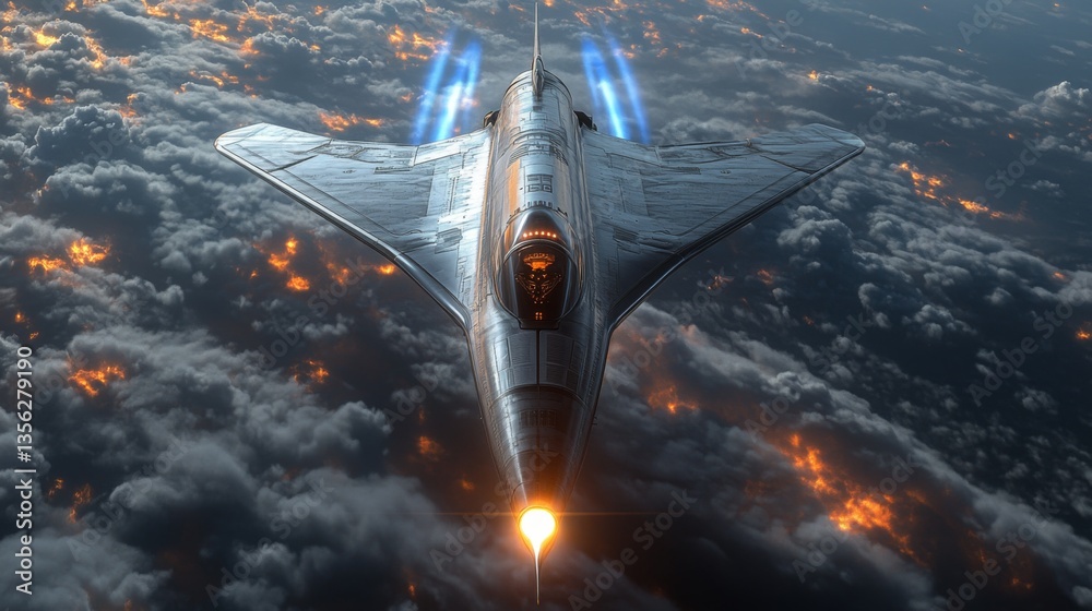 Poster a cutting edge spaceplane ascends at hypersonic speeds above the cloud layer, showcasing futuristic 