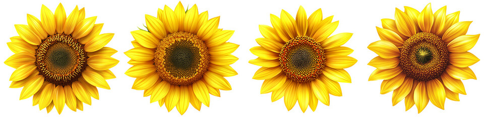 Fototapeta premium Four sunflowers in row , their bright yellow petals and dark brown centers isolated with Transparent PNG