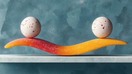 A minimalist 3D sculpture featuring a geometric balance of sphere, cube, and cone in a peach and orange color palette.