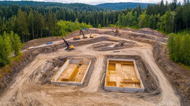 Construction site development with sustainable practices in green landscape environment aerial view concept