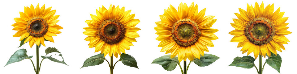Four  sunflowers in full bloom their bright yellow petals and dark brown centers isolated with Transparent PNG