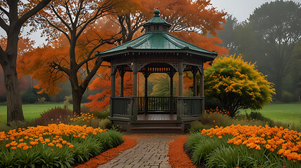 Autumn Foliage and Orange Flowers Around Gazebo in Misty Park Setting


