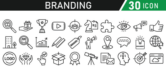 Branding icon set liner style. Containing marketing, product, design, brand development, social media, and advertising icons. Solid icons collection.