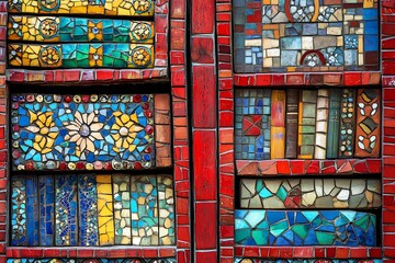 Fototapeta premium Colorful mosaic shelves, art, books, wall decoration