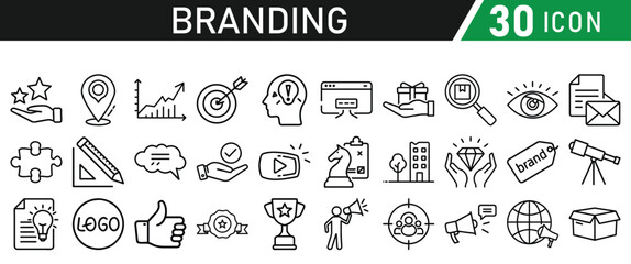 Branding icon set liner style. Containing marketing, product, design, brand development, social media, and advertising icons. Solid icons collection.