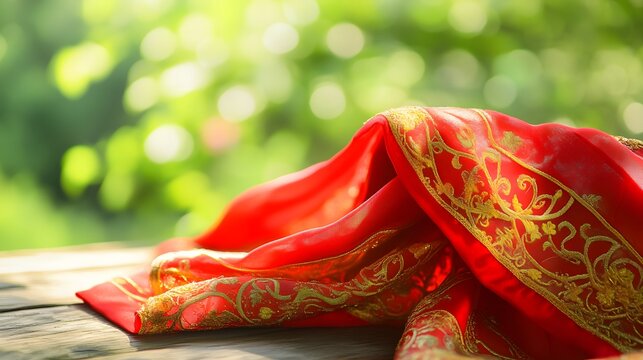 Vibrant red scarf with golden embroidery symbolizes youth and hope, evoking warmth and inspiration