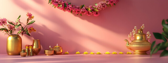 3D render of an Indian Pongal festival background with vases, pots, and oil lamps hanging on the pink wall.
