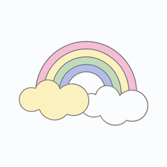 A vector rainbow icon in a blue cloudy sky, a symbol of rain and sun