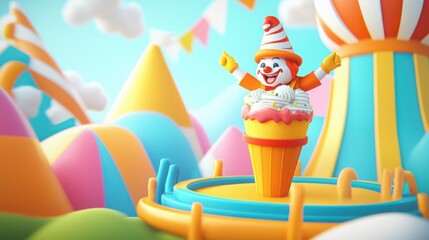A colorful clown figure atop an oversized ice cream cone, surrounded by vibrant, whimsical landscapes and playful elements.