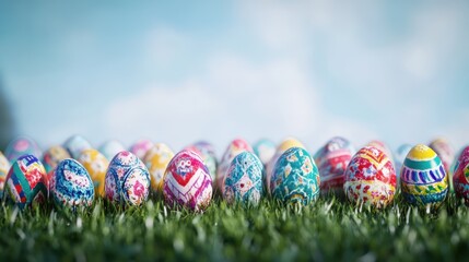 Fototapeta premium Colorful Easter eggs on green grass, vibrant spring celebration, family traditions, holiday decoration, outdoor fun, seasonal festivity, joyful moments, Easter celebration.