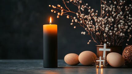 Easter candle, eggs, and branches