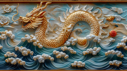 Fototapeta premium Golden Eastern Dragon Among Clouds and Waves..