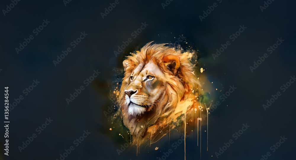 Poster artistic image of a lion's head with a bright mane, created in a painterly style, set against a dark