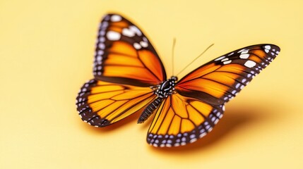 Fototapeta premium A vibrant orange butterfly rests gracefully on a yellow background, showcasing its intricate patterns and delicate wings.