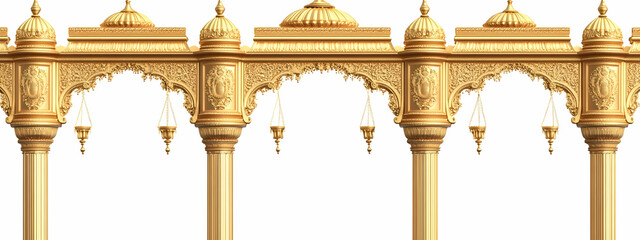 A golden arch with hanging flags and ornate pillars.