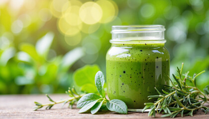 Detoxifying green juice in mason jar amidst lush garden greenery, wellness