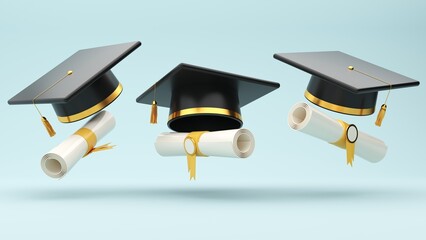 3D visualization of graduation ceremonies and cap throwing traditions. Graduation background with copy space and a set of graduation cap, cup, diploma, book, pencil.