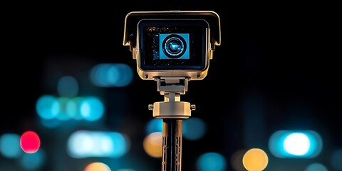 Fototapeta premium A Security Camera Mounted on a Tall Pole at Night