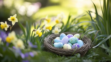 Colorful Easter eggs in a rustic nest, surrounded by vibrant spring flowers, celebrating happiness, renewal, springtime, Easter traditions, and family gatherings.