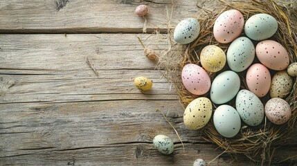 Obraz premium Colorful Easter eggs in a rustic nest on wooden table, spring celebration, festive decor, family traditions, Easter holiday, vibrant pastel colors, seasonal joy.