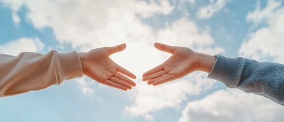 Reaching hands with cloudy sky