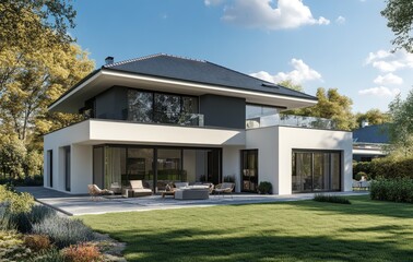Modern family house with large lawn, white exterior walls and gray roof.