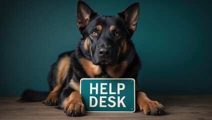 A confident German Shepherd dog lying down with a Help Desk sign, showcasing a friendly and approachable demeanor against a dark teal background
