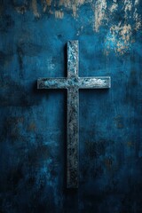 Rustic metal cross on blue textured wall, faith, spirituality, religious symbol, Easter themes, home decor, church, meditation, worship background.