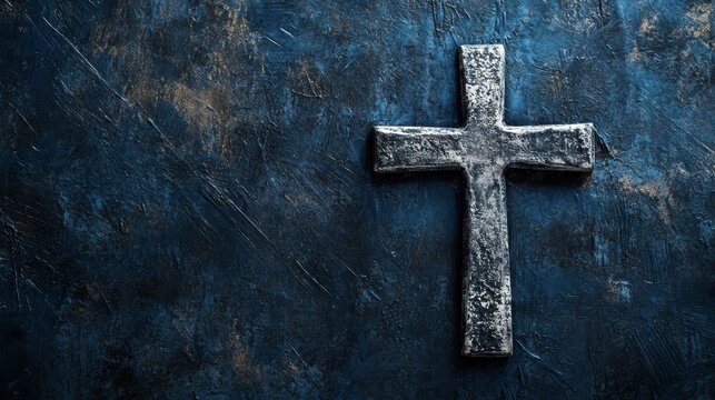 Rustic metal cross on textured blue background, symbolizing faith, spirituality, Christian beliefs, Easter, prayer, reflection, and hope in challenging times.
