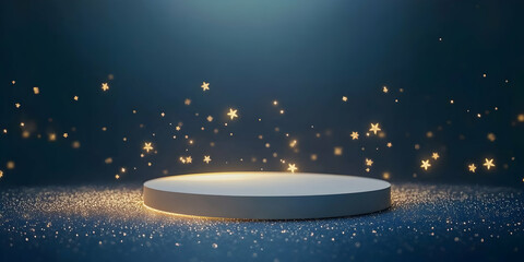  round podium with golden stars and fairy lights on a dark blue background.