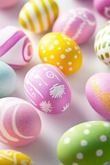 Obraz premium Colorful Easter eggs, decorated with vibrant patterns for spring celebrations, holiday festivities, family gatherings, creativity, and seasonal joy.