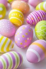 Obraz premium Colorful Easter eggs, decorated with patterns, spring holiday celebration, vibrant pastel colors, family traditions, Easter festivities, egg hunt fun, gift ideas.