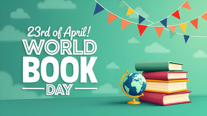 World Book Day Celebration – Stack of Books with Globes and Festive Decorations on Green Background