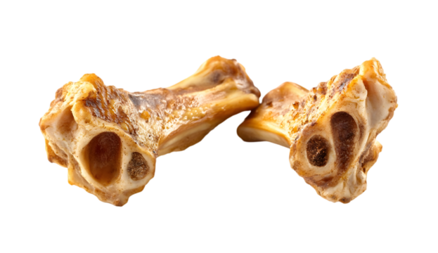 Two shiny chicken bone remains on transparent background representing disposal after eating
