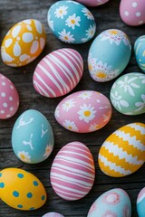 Obraz premium Colorful Easter eggs decorated with floral patterns, pastel shades, spring celebration, tradition, family gathering, Easter Sunday, festive decor, seasonal joy.