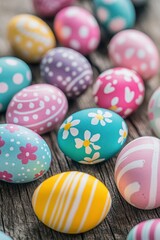 Colorful Easter eggs decorated with floral designs, patterns, and bright hues on rustic wooden background, perfect for spring celebrations, holiday crafts, and family gatherings.