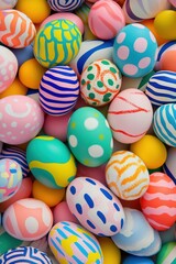 Obraz premium Colorful Easter eggs, decorated for egg hunts, spring celebrations, family traditions, vibrant patterns, festive decor for Easter festivities, joy, and creativity.