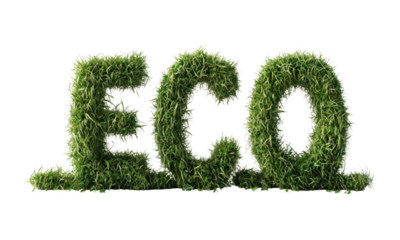 3D word "ECO" text effect, lush green grass letters, fresh plant font, hyper-realistic rendering, 3D Blender, isolated on white background