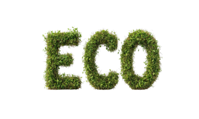 3D word "ECO" text effect, lush green grass letters, fresh plant font, hyper-realistic rendering, 3D Blender, isolated on white background