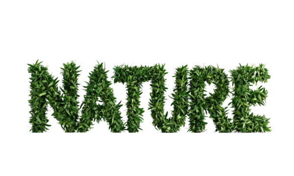 3D word "NATURE" made of lush green grass, ultra-realistic herb texture, bold uppercase letters, fresh summer vibes, highly detailed, 3D render, isolated on white background