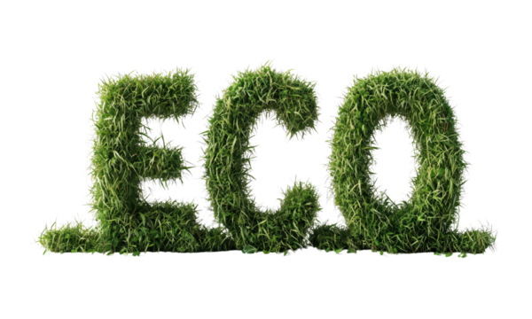 3D word "ECO" text effect, lush green grass letters, fresh plant font, hyper-realistic rendering, 3D Blender, isolated on white background