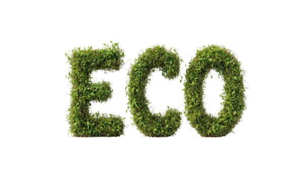 3D word "ECO" text effect, lush green grass letters, fresh plant font, hyper-realistic rendering, 3D Blender, isolated on white background