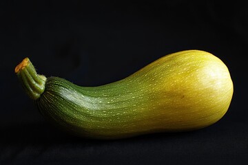 A vibrant zucchini rests against a stark black background