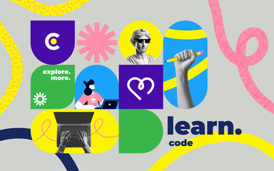 Contemporary art collage. Modern collage concept of web design and development. Creative concept for web banner, social media banner, business presentation, marketing material. vector illustration