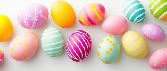Obraz premium Colorful Easter eggs arranged creatively, decorated with vibrant patterns, perfect for spring celebrations, family gatherings, holiday festivities, and seasonal joy.